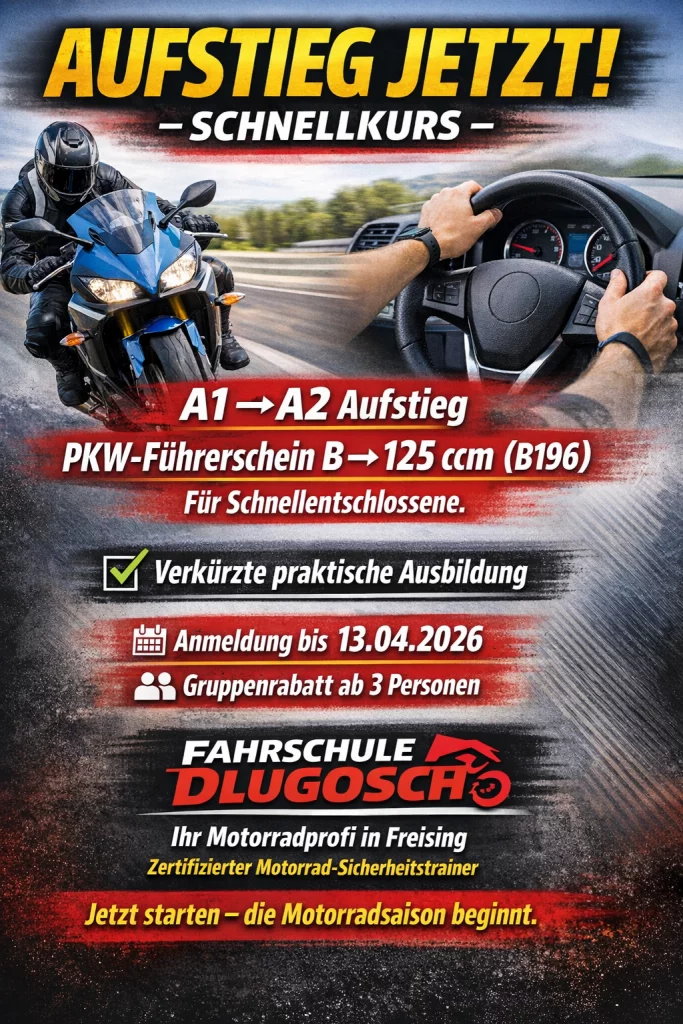 A1 Aufstieg auf A2, 125ccm, B196, verkürzte praktische Ausbildung, Gruppenrabatt, Rabatt