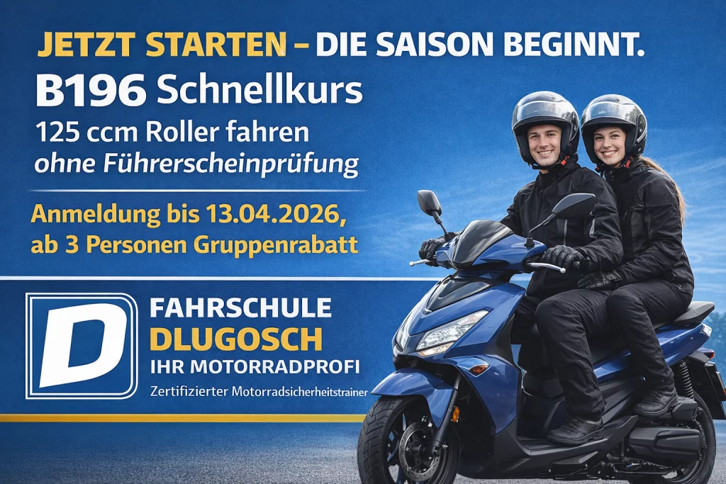 Führerschein B196, Schnellkurs, Roller, 125ccm, ohne Führerscheinprüfung, Gruppenrabatt, Rabatt